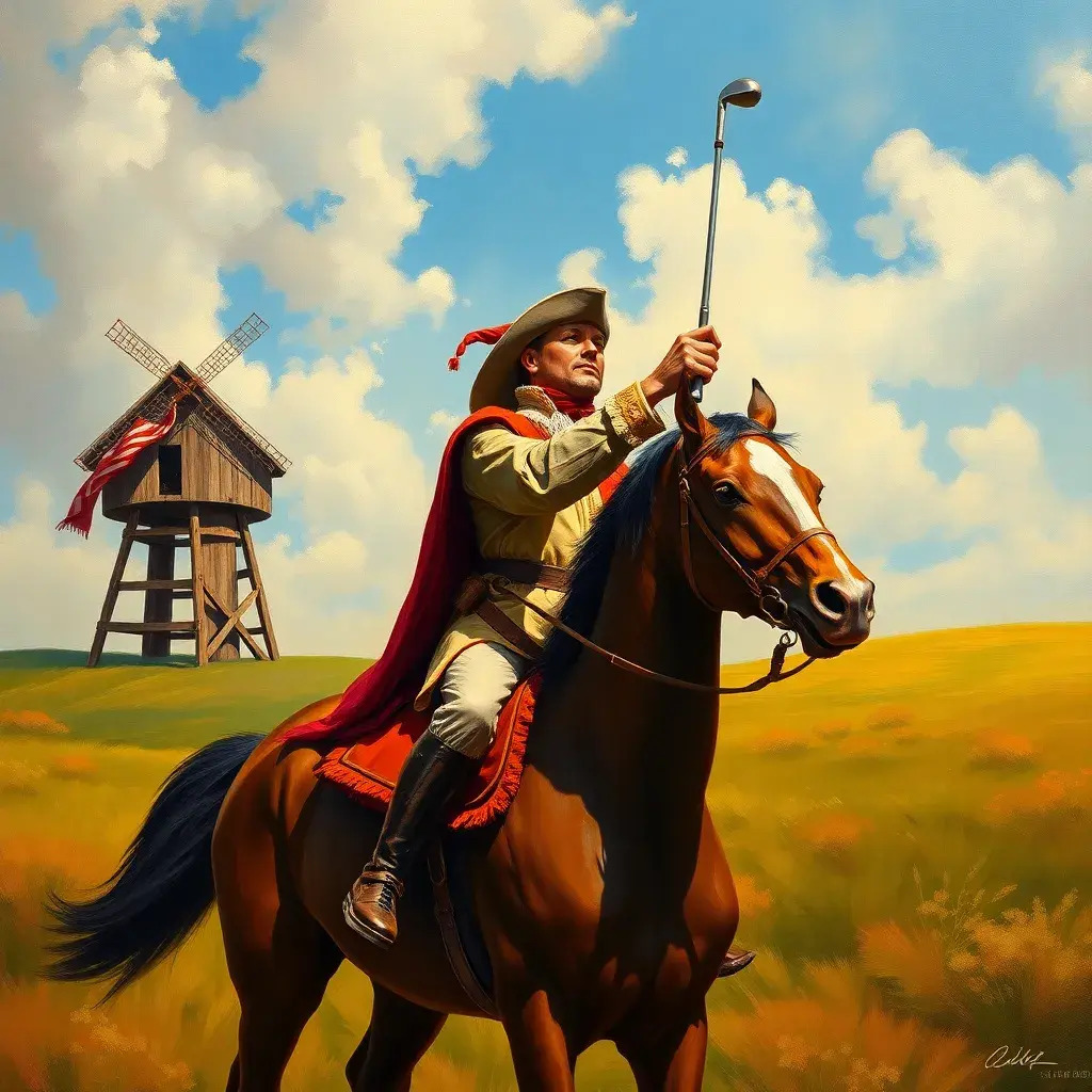 A man tilting at windmills with a golf club