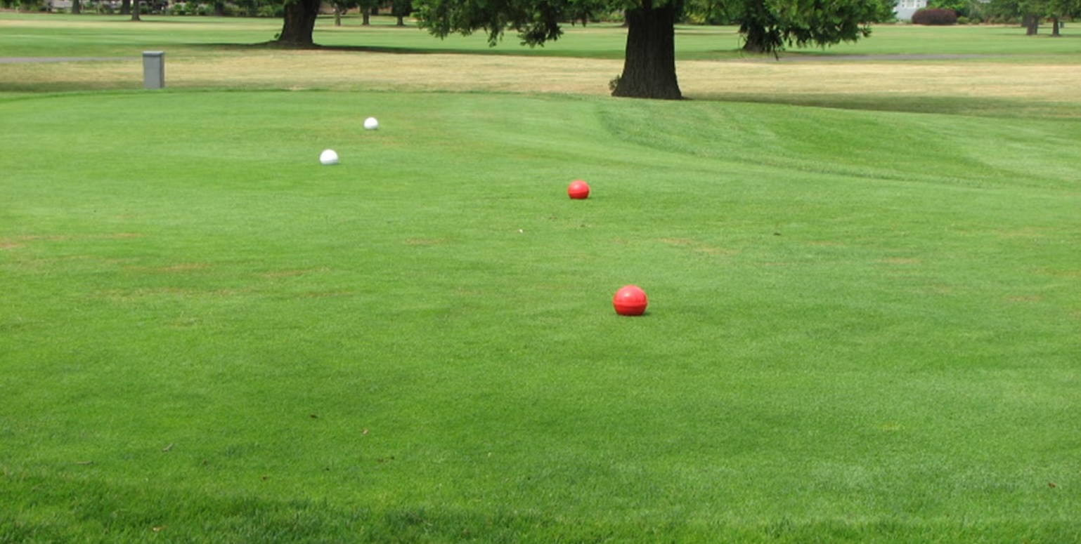 Red tee markers on a tee box