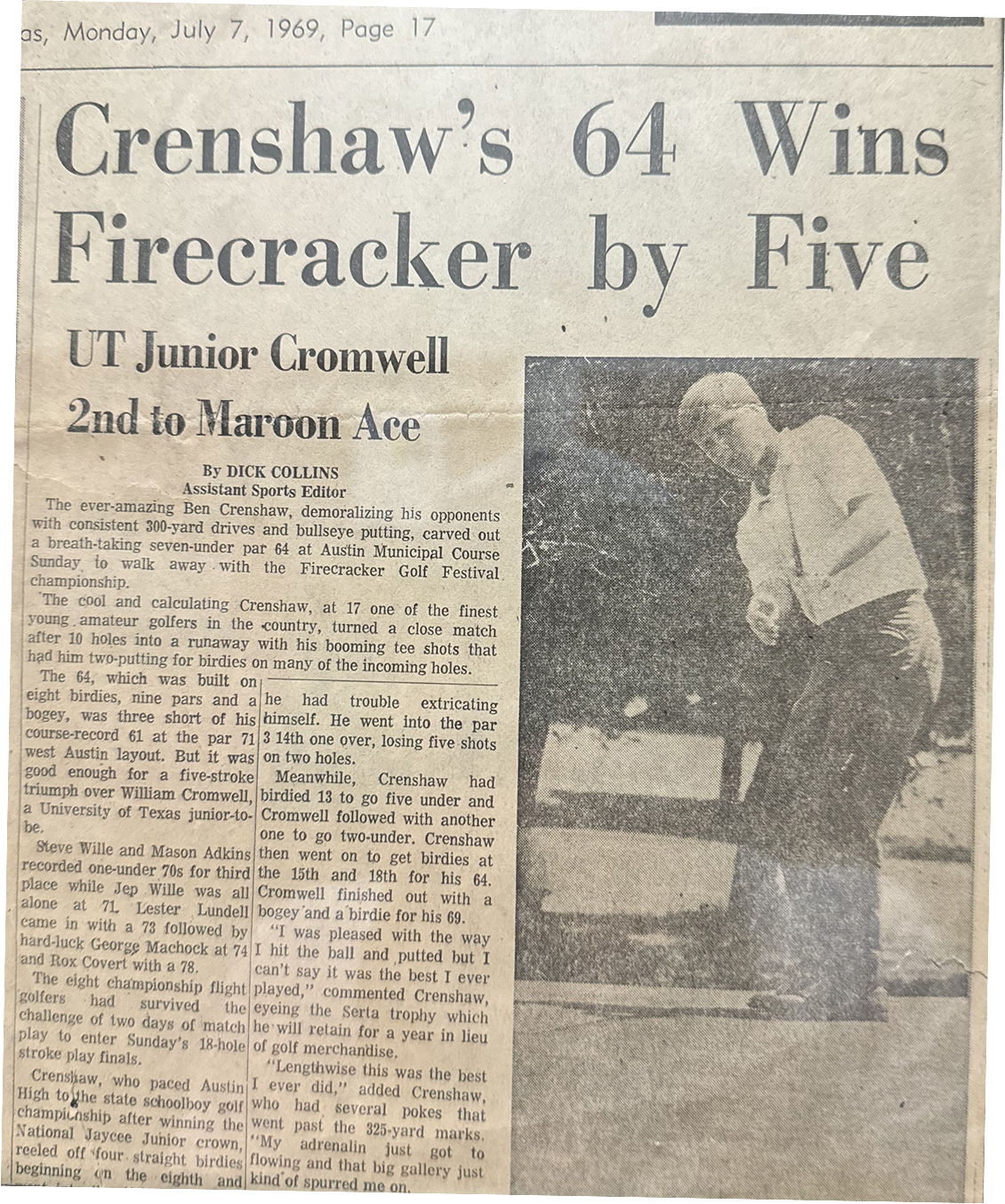 A newspaper article describing Ben Crenshaw’s 1969 victory